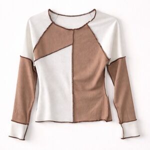 Color Block Ribbed Long Sleeve Top Exposed Seam Neutral Size S